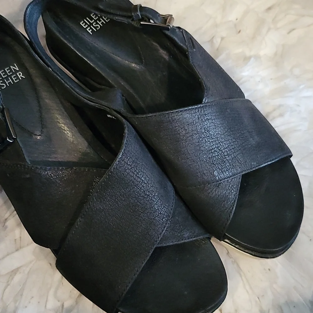 Eileen fisher Criss Cross Tumbled Leather Wedges Slingback Summer Shoes Size 8